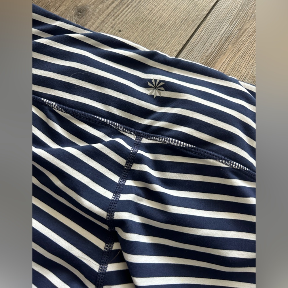 Athleta Chaturanga Navy & White Striped Cropped capri Leggings - Picture 3 of 4